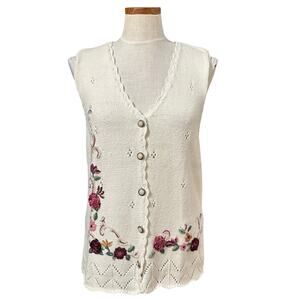 Vintage Floral Embroidered Knit Vest Cream Sleeveless Sweater M Cottagecore